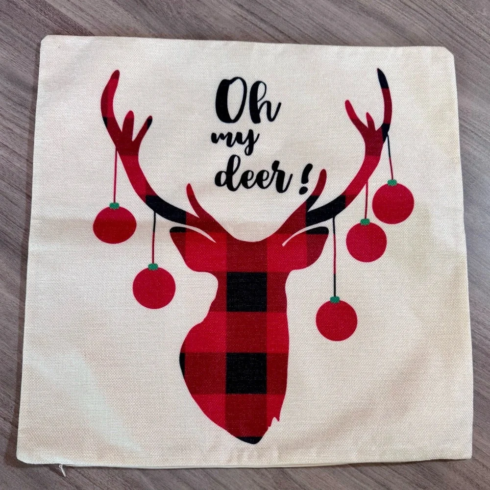 Festive Plaid and Reindeer Pillow Covers-17”x17”